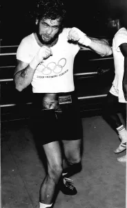 00130 Prints: Chris Finnegan Olympic Commonwealth and European Boxing pratising his punches at Crystal