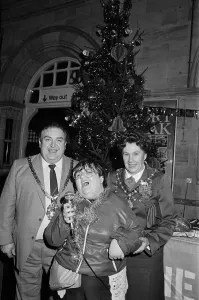 Illuminations Prints: Christmas lights being switched on at a railway station in Teesside, December 1985