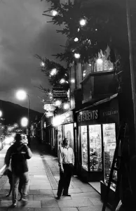 Christmas trees lend a festive air to Ton Pentres main street