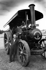Vintage Prints: Chuffed: Mr Benjamin Stafford with his Fowler road locomotive at Beamish Museum