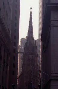 00201 Prints: Church at end of Wall Street New York USA United States of America August 1999