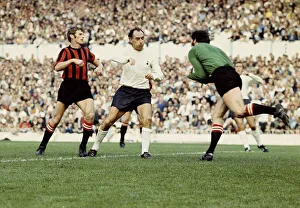 City Keeper Joe Corrigan heaads off Alan Gilzean of Spurs / Tottenham Hotspur footbal