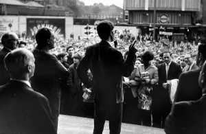 Cliff Richard, singer, addressing the crowd at Billy Grahams crusade in Earl