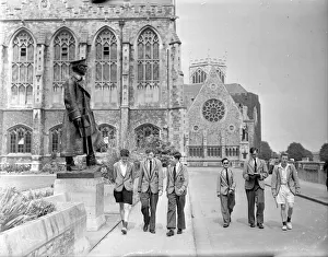 Students Prints: Clifton College, Bristol, in 1955. The statue the pupils are passing