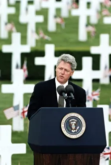 Graveyard Prints: Bill Clinton president of the United States making a speech in a US military graveyard