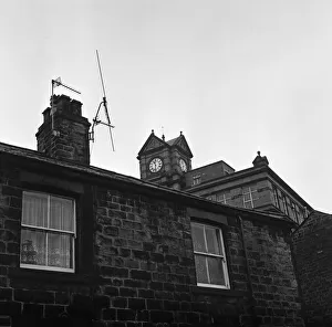 Unemployment Prints: Clock on top of Eagley Mills, which is closing. Eagley, near Bolton, Greater Manchester
