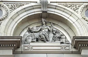 Close up of the portico on the facade of the Free Trade Hall building in Peter Street