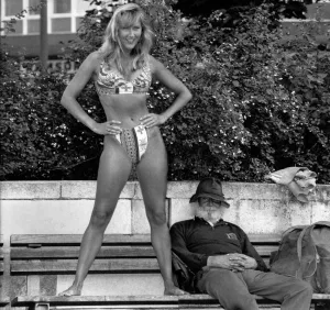 Clothing Beach Bikini. A bloke never knows who ll turn up next on his park bench
