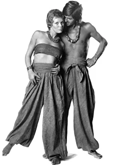 00043 Prints: Clothing: Blue bloomers for him as well as her. These Moroccan style baggy trousers in