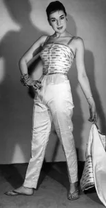 Trousers Prints: Clothing-Fashion 1957: Casual wear trousers and top decorated with gold lame braid with