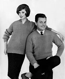 00036 Prints: Clothing: Fashion: Knitwear. Couple wearing matching jumpers. October 1959 P013234