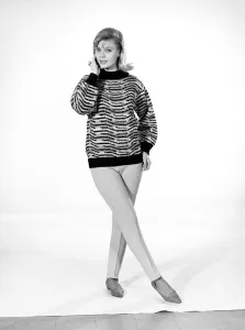Clothing: Fashion: Knitwear: Model wearing animal jumpers. Model: Uschi Bernell