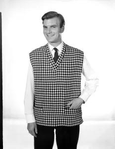Mens Prints: Clothing: Fashion: Menswear: Man wearing check waistcoat. 1960 B1022-003
