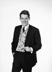 Mens Prints: Clothing: Fashion: Menswear: Man wearing floral print waist coat. Model: Michael Lester