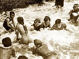 Clothing Fashions 1920s Womens Swimsuits -Old Bathers playing in the sea