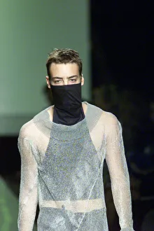 Clothing by Michiko Koshino 1998 modelled by male Model during London Fashion Week