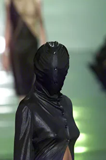 Cape Prints: Clothing by Michiko Koshino 1998 modelled by Model during London Fashion Week
