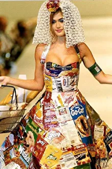 Recycling Prints: Clothing model dressed in food wrappers at the London Fashion Show circa 1995