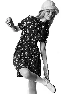 00043 Prints: Clothing: Pretty flower print on navy cotton dress with a shirred waistline