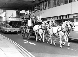 Coachman Prints: A coach and horse team driving through Newcastle city centre to advertise a new Clipper