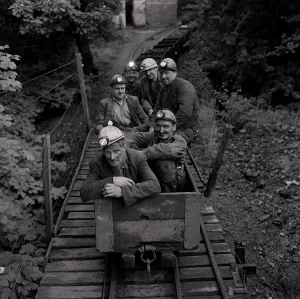 Lamps Prints: Coal Miners of Guyderbottom pit one of the smallest in the country seen here traveling
