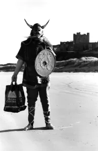 Horns Prints: Colin the Viking on Bamburgh beach on 20th February 1990 a sight for the tourists
