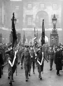 01215 Prints: The Colours of the Brigade of Guards headed by the massed bands were marched to Charing