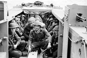 Combined operations exercises. Royal Marine Commandos hidden away in their landing craft