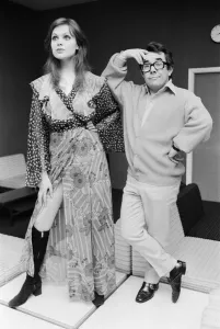 Comedian Ronnie Corbett with actress and model Madeline Smith at the BBC rehearsal room