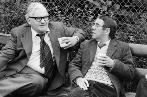 Comedians Ronnie Corbett and Ronnie Barker at Cowden Railway station near Edenbridge in