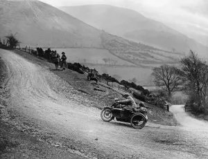 Leather Coat Prints: Competitor in the Liverpool Motor Club 24 hour trial seen here tackling the Bwlch y Groes