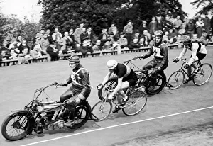 Competitive Prints: Competitors in a motor-paced cycle race at Herne Hill Velodrome, our picture shows
