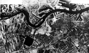 Composite photograph taken by RAF reconnaissance aircraft showing damage to the centre of