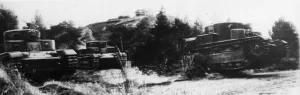 Russia Prints: Concealed Soviet tanks move into action. This picture taken when Russia had