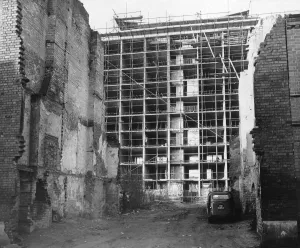 Scaffolding Prints: The concrete framework of the 10-storey block of flats in Hillfields rises up beyond