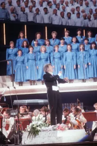 Conductor Owain Arwel Hughes at the Cor World Choir concert at Cardiff Arms Park