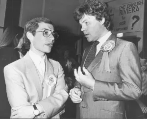 01016 Prints: Conservative MP for Torbay Rupert Allason at the General Election count in June 1987 with