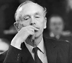 Conservative Party Leader Sir Alec Douglas Home looks on pensively during