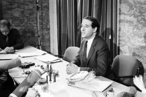 Minister Prints: Consevative Home Secretary Leon Brittan at a press conference at Sheffield Police