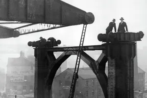 Construction of the new Tyne Bridge. The superstructure of the new Tyne Bridge was given