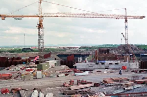 Cranes Prints: Construction of Tees Barrage, on the day Prince Philip visits. 18th May 1993