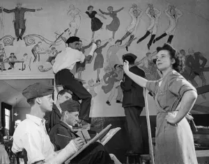 Wounded Prints: Convalescent soldiers painting a fresco on the wall of a hospital building near