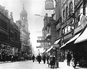 Corn Street, Bristol, with a view of dome of Church of All Saints in background