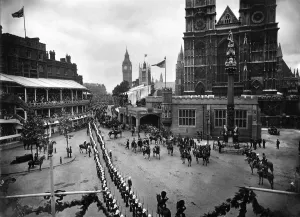 Coronation of King George VI. Aerial view of the procession in progress marching down