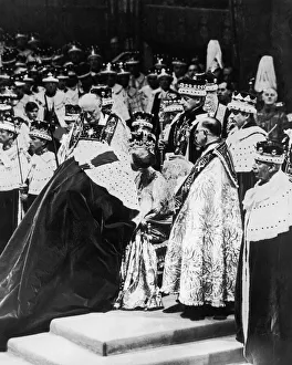 Kiss Prints: Coronation of Queen Elizabeth II- Duke of Edinburgh is here seen kissing the Queen in