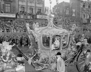 The Coronation of Queen Elizabeth II. The golden state coach with the newly