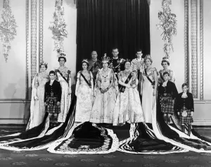 Coronation of Queen Elizabeth II. The Royal Family in their robes after the Coronation