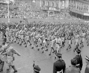 Colonialism Prints: The Coronation of Queen Elizabeth II. Soldiers of the Cameroon army marching