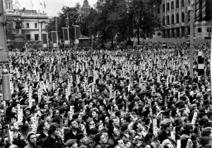Coronation. A section of the crowd at Trafalgar Square watches the Royal procession with