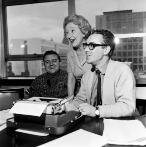 01169 Prints: Coronation Street scriptwriters Harry Driver and Vince Powell with Doris Speed who